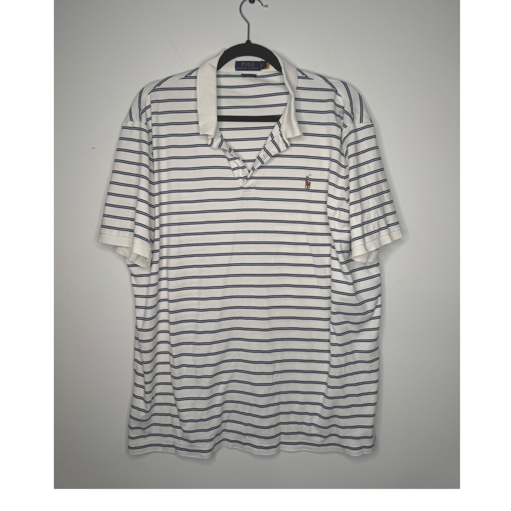 Polo Ralph Lauren Mens Classic Fit Striped Polo Shirt White Navy Blue Large